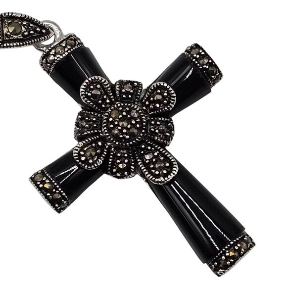 VTG Necklace Pendant Black Silver Onyx Marcasite Cross Religious Faith Gothic - Picture 1 of 14